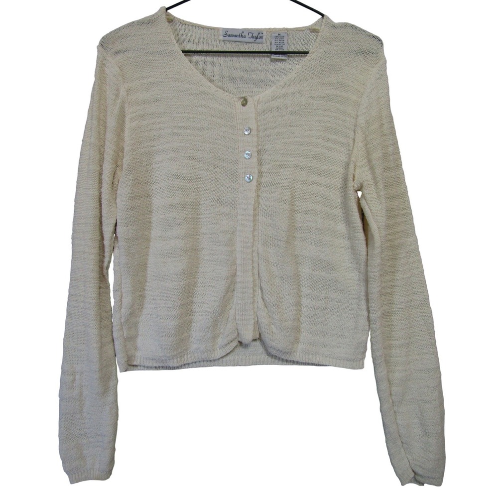 Samantha Taylor Cardigan Sweater Womens Cream Good Ramie Linen Blend‎ V-Neck